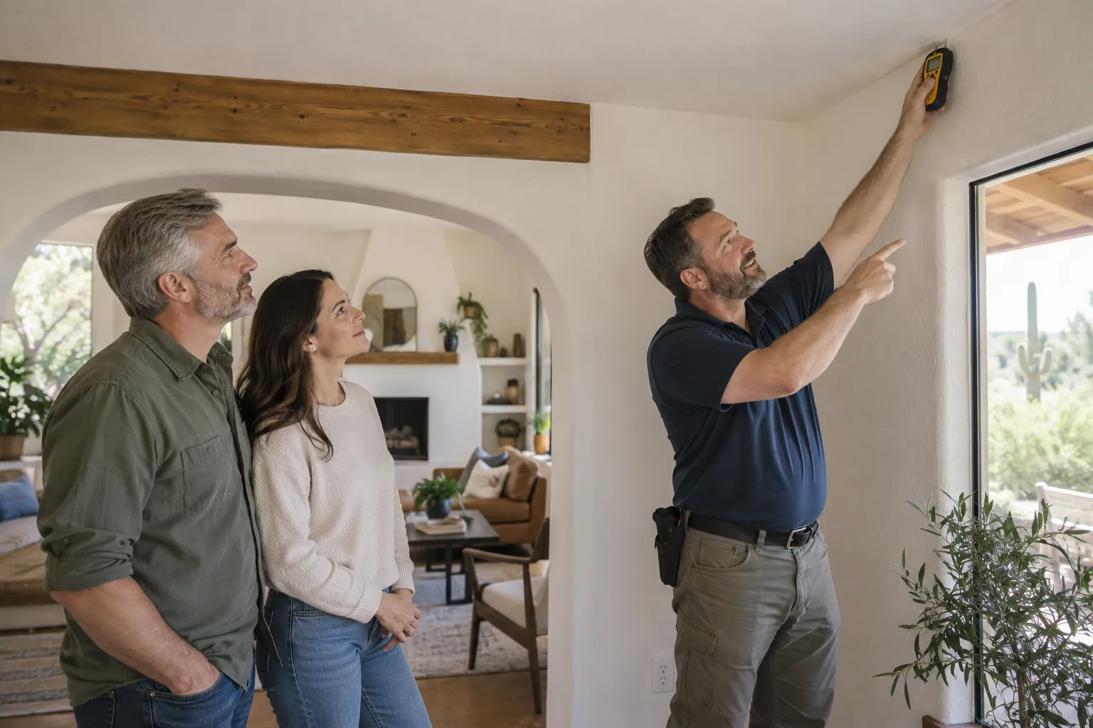 A friendly provider talking with a homeowner about a damp wall in a Los Angeles home