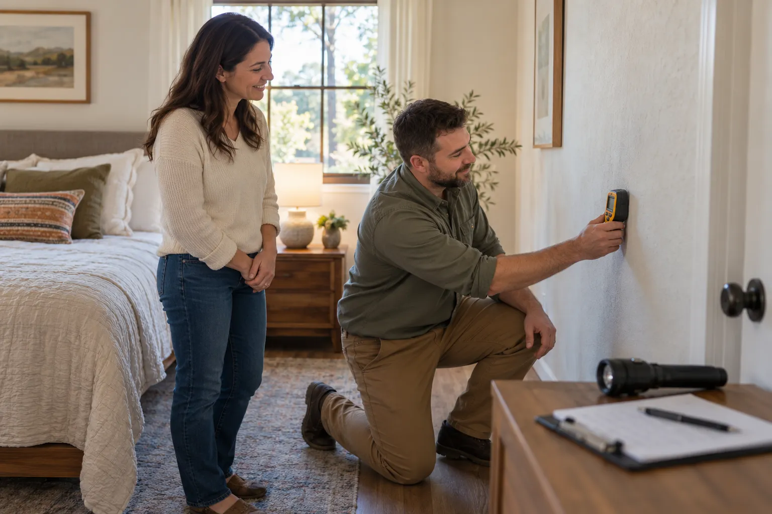 A local mold inspection provider checking a bedroom wall with a moisture meter in a Los Angeles home